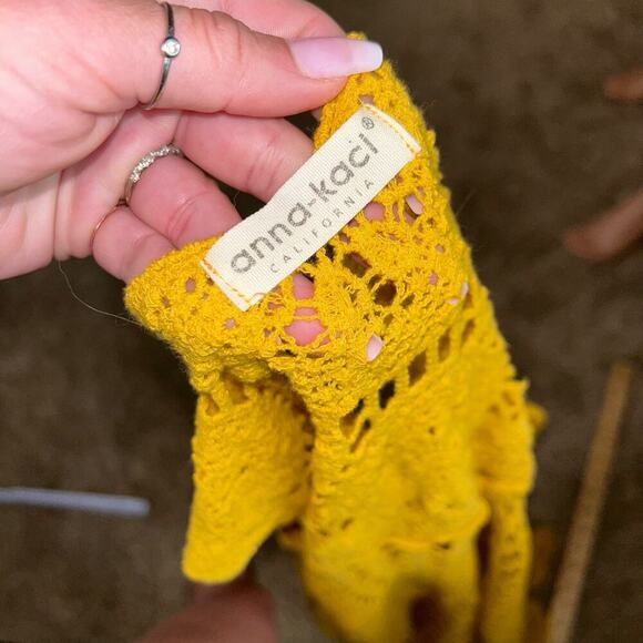 Anna-Kaci Mustard Yellow crochet cardigan swimsuit coverup high low floral SZ SM - Picture 5 of 9